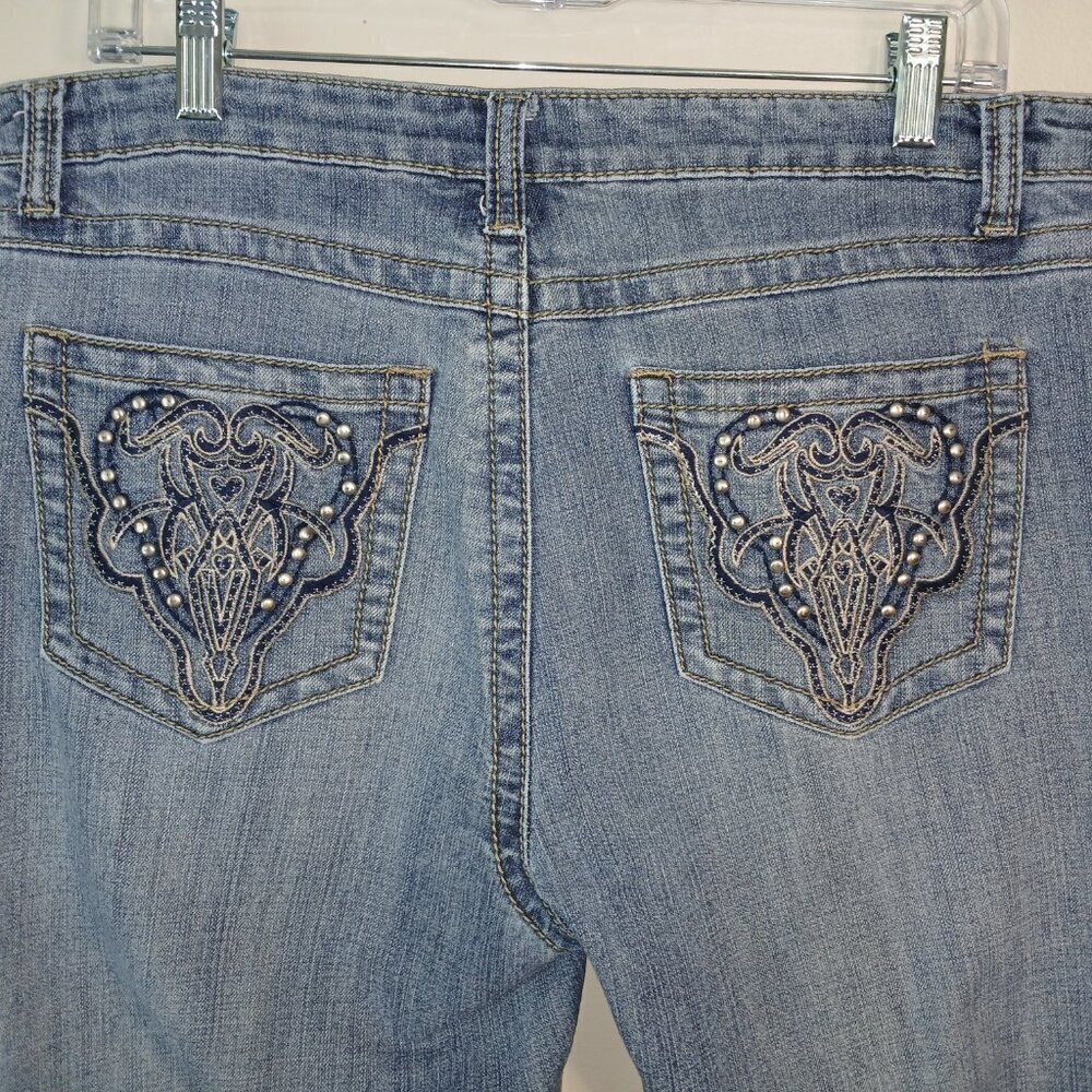 BACCINI JEANS , EMBELLISHED EMBROIDERED POCKET, BOOT CUT JEANS, SIZE 12
